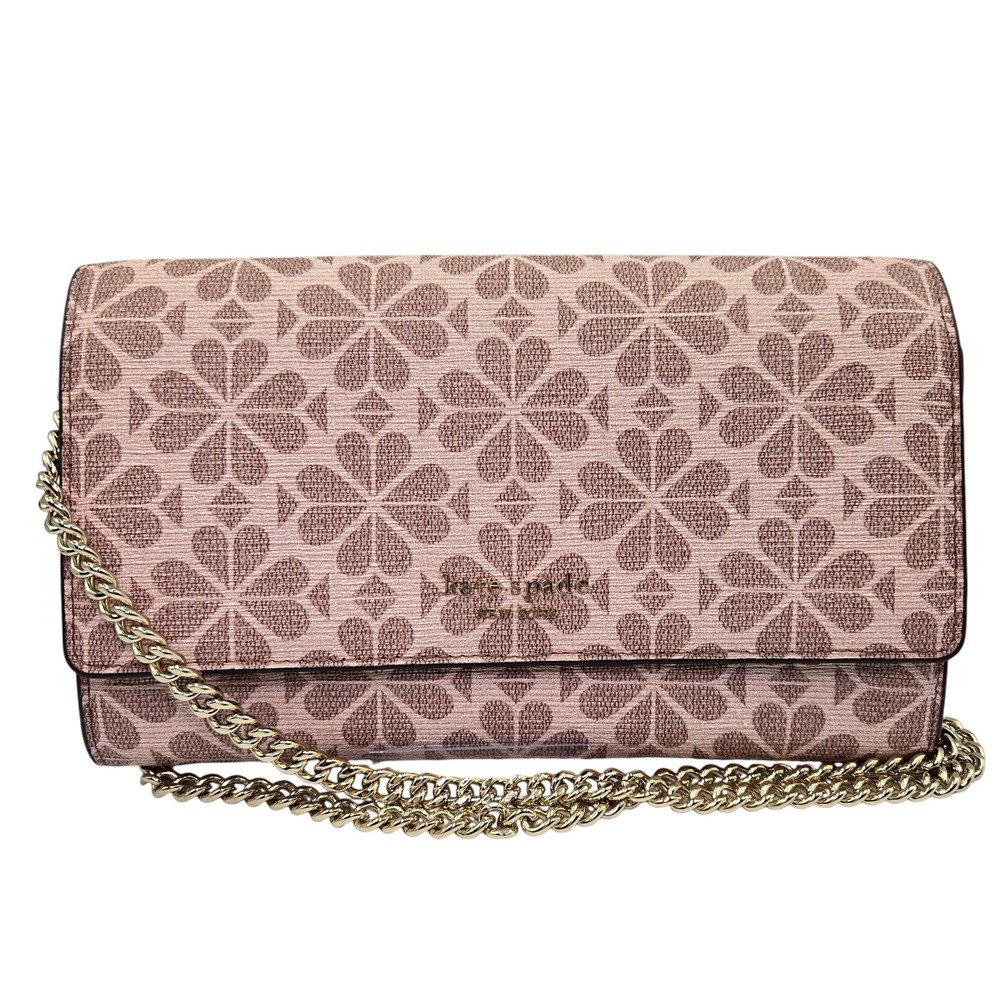 Kate Spade WLRU6341 Pink Spade Print Wallet Clutch Chain‎ Strap Burgundy Leather